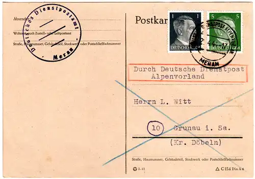 DR 1944, 1+5 Pf. Hitler auf Karte Deutsche Dienstpost Alpenvorland v. Meran