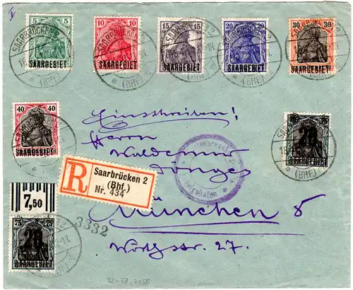 Saargebiet 1921, 8 Germania Marken auf portorichtigem Einschreiben Zensur Brief