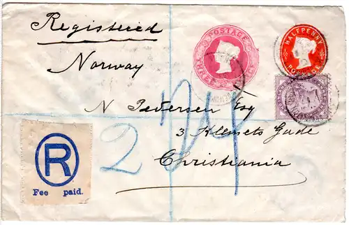 GB 1894,3+1/2d Privat Ganzsache Brief m. 1d Zusatz per Einschreiben n. Norwegen