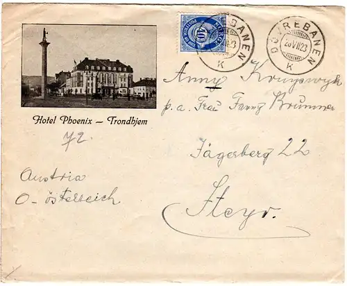 Norwegen 1823, 40 öre auf Hotel-Brief m. Bahnpoststpl. v. Trondheim n. Ungarn 