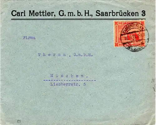 Saargebiet 1923, EF 25 C. auf Firmen Brief v. Saarbrücken 