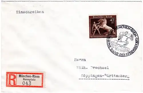 DR 1939, portorichtige EF 42 Pf. Braunes Band auf Einschreiben Brief v. München