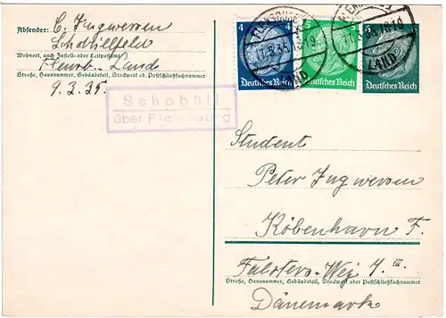 DR 1935, Landpost Stpl. SCHOBÜLL über Flensburg auf 6 Pf. Ganzsache m. Zusatzfr.