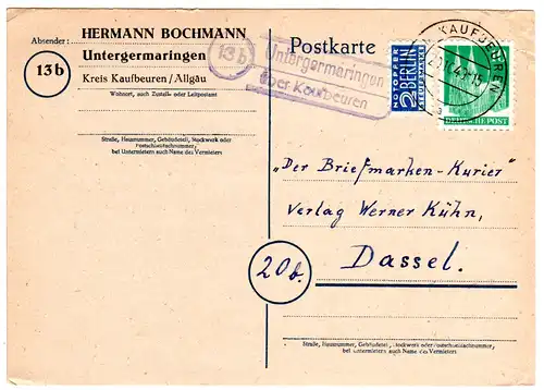 1949, Landpost Stempel 13b UNTERGERMARINGEN über Kaufbeuren auf Karte m. 10 Pf.