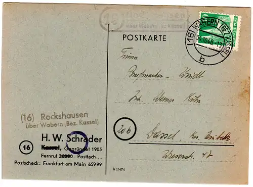 1948, Landpost Stempel 16 ROCKSHAUSEN über Wabern auf Karte m. 10 Pf.