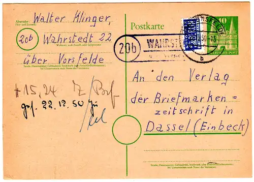 1950, Landpost Stempel 20b WAHRSTEDT über Vorsfelde auf 10 Pf. Ganzsache