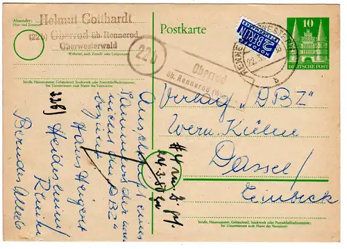 1950, Landpost Stempel 22b OBERROD üb. Rennerod (Westerw.) auf 10 Pf. Ganzsache