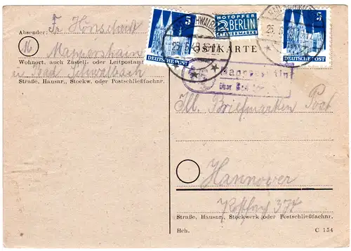 1949, Landpost Stpl. 16 MAPPERSHAIN über Schwalbach auf Karte m. 2x5 Pf. 