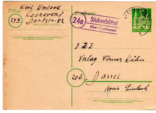 1950, Landpost Stpl. 24a STICKENBÜTTEL über Cuxhaven auf 10 Pf. Ganzsache 