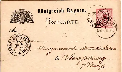 Bayern 1887, Bahnpost-K1 Mainz Weissb. auf 5 Pf. Ganzsache v. Kaiserslautern