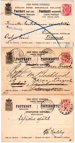 Finnland 1889/94, drei 10 P. Ganzsachen m. diversen Stempeln, 1mal m. Zudruck