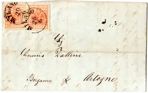 Italien Lombardei 1855, MeF 2x3 Kr. je breitrandig auf Brief m. klaren K1 Milano