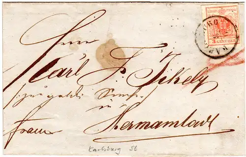 Österreich 1855, breitrandige 3 Kr. auf Brief m. Siebenbürgen-K1 KARLSBURG