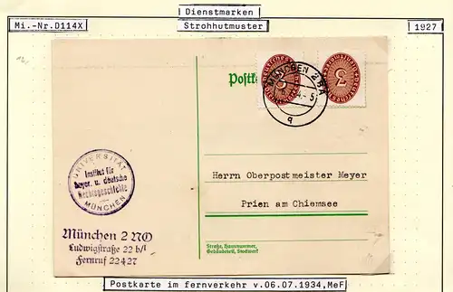 DR 1934, 2x3 Pf. Dienst auf Karte der Uni München, Institut f. Rechtsgeschichte