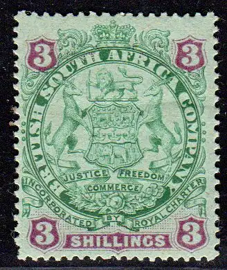 British South Africa Company 35, unused hinged 3 Sh. with original gum 