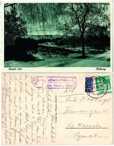 1949, Landpoststempel SCHWINDEBECK über Amelinghausen auf sw-AK m. 10 Pf.