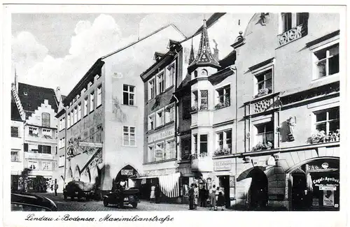 Lindau, Maximilianstr. m. Geschäften, Gasthof u. Oldtimern, ungebr. sw-AK