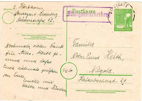 1948, Landpost Stpl. STUTTGART-LEDERBERG auf 10 Pf. Ganzsache