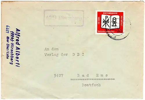 BRD 1962, Landpost Stpl. 6251 HIRSCHBERG auf Brief m. 20 Pf. Bibelanstalt