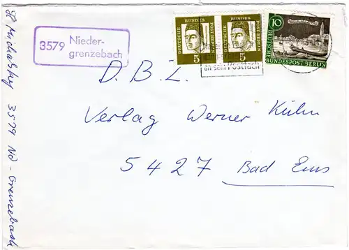 BRD 1963, Landpost Stpl. 3579 NIEDERGRENZEBACH auf Brief m. 10+2x5 Pf.