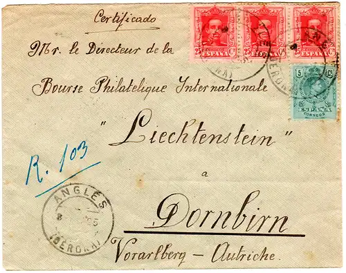 Spanien 1925, 2+3x25 C. auf Einschreiben Brief v. Angles n. Österreich