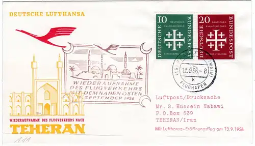 BRD 1956, 10+20 Pf. Kirchentag auf Flug Brief v. Frankfurt n. Teheran