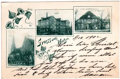 Gruss aus Uetze m. Gasthof zum Dt. Haus u. Mühle, 1902 gebr. sw-AK