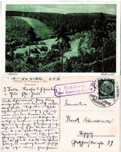 DR 1938, Landpoststpl. SAASA über Eisenberg auf Walkmühle sw-AK m. 6 Pf