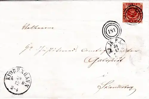 Dänemark 1863, breitrandige 4 S. auf Brief m. Stpl. "1" u. Bahnpost Duplex "181"