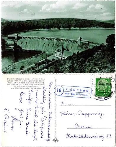 BRD 1958, Landpoststpl. 16 EDERSEE über Bad Wildungen auf sw-AK m. 10 Pf.