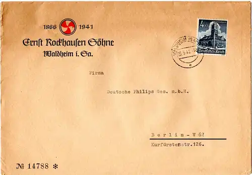 DR 1941, EF 4 Pf WHW auf portorichtigem Firmen Drucksache Brief v. Waldheim