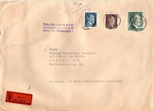 DR 1943, 1 Mk.+4+10 Pf. Hitler auf portorichtigem Ostmark Wert Brief v. Wien