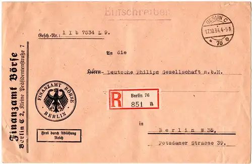 DR 1934, Frei d. Ablösung Finanzamt Börse Berlin, Reko-Brief v. Berlin C 76e
