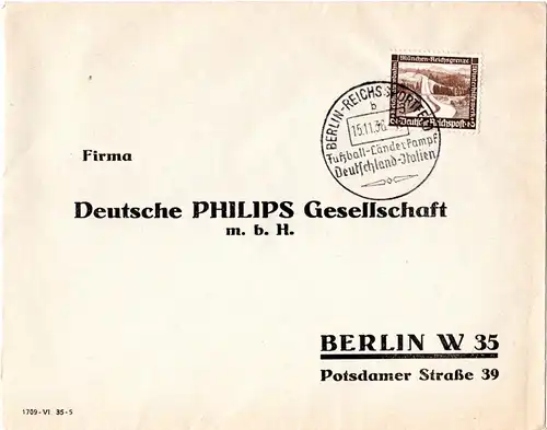 DR 1936, Bief m. Berlin Fussball Sonderstempel Länderkampf Deutschland - Italien