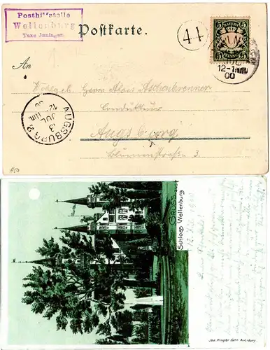 Bayern 1900, Posthilfstelle WELLENBURG Taxe Jnningen auf Litho-AK m. 5 Pf.