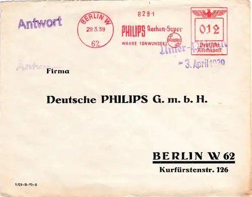 DR 1939, Notstpl. Unter-Polaun auf bereits freigemachtem Antwort Brief n. Berlin