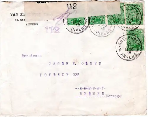 Belgien 1918, 5x5 C. auf Firmen Zensur Brief v. Antwerpen n. Norwegen
