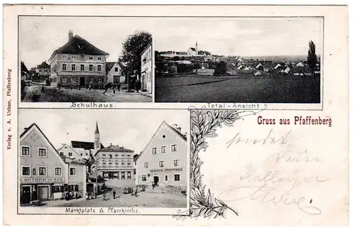 Gruss aus Pfaffenberg m. Brauerei, Schule u. Geschäften, 1906 gebr. sw-AK