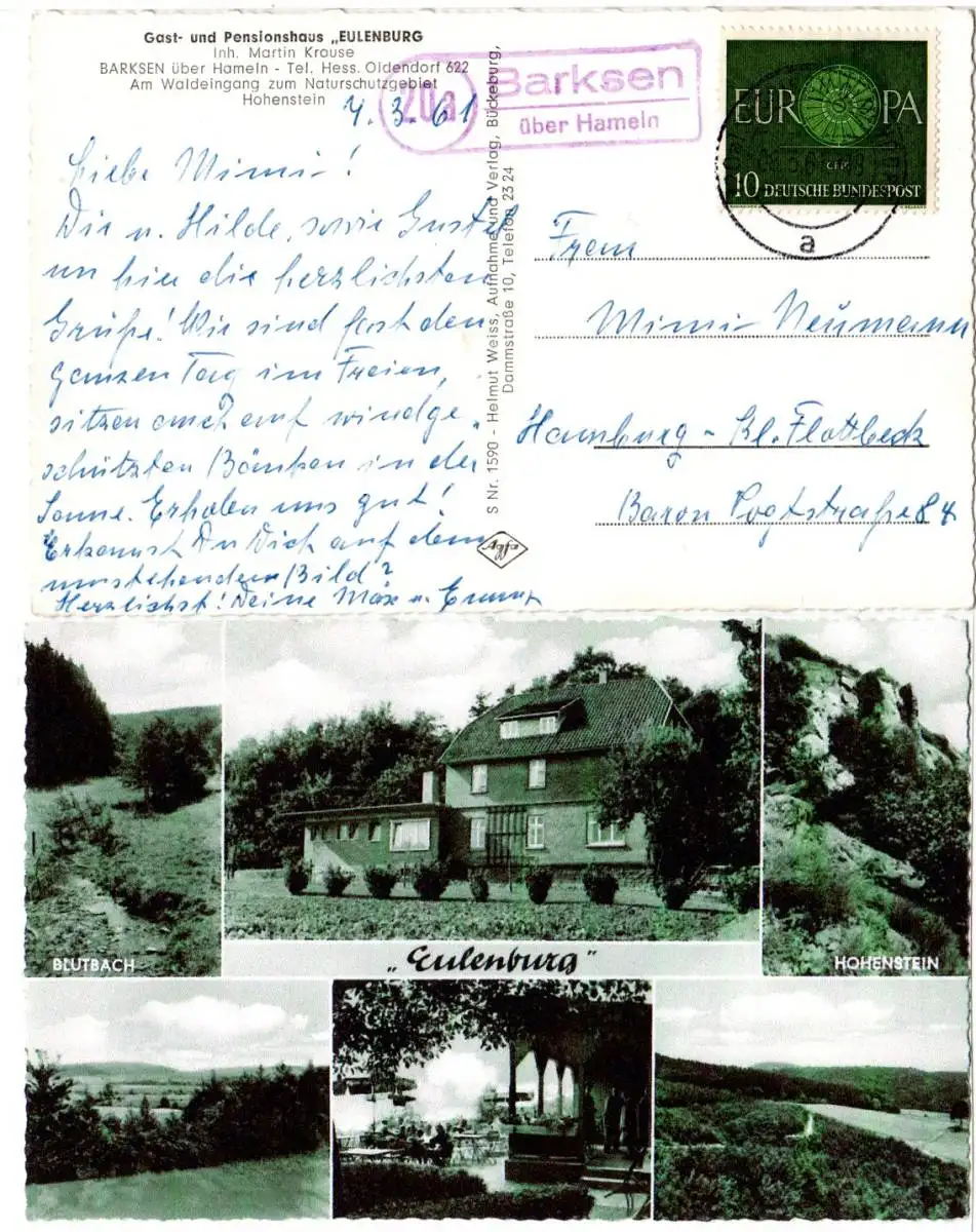 BRD 1961, Landpoststpl. 20a BARKSEN über Hameln auf Gasthaus sw-AK m. 10 Pf.