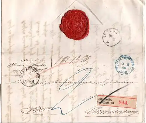 Preussen 1866, blauer K1 BERLIN POST-EXP. 23 auf gesiegeltem Paketbrief