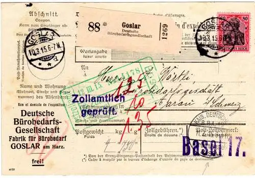 DR 1915, EF 80 Pf. auf Büro Selbstbucher Paketkarte v. GOSLAR i.d. Schweiz.