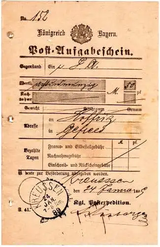 Bayern 1889, Postschein f. einen Wertbrief m. K1 Kreussen