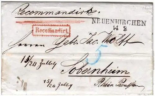 Preussen 1852, L2 NEUENKIRCHEN auf Einschreiben-Brief n. Sobernheim