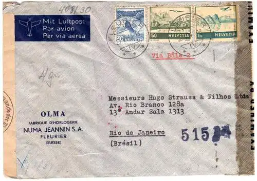 Schweiz 1944, 1 Fr.+30+50 C. auf Luftpost Zensur Brief v. Fleurier n. Brasilien