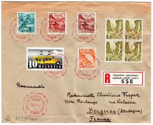 Schweiz 1943, 9 Marken auf Brief m. Reko-Zettel Briefmarkenausstellung Genf