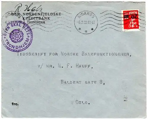 Norwegen 1930, 20/25 öre auf Nidaros Brief m. Propaganda Stempel f. Trondhjem. 