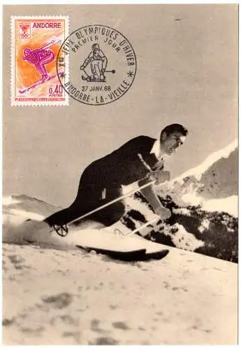 Andorra 1968, Olympische Winterspiele 0,40 Fr. Skifahren auf FDC Maximumkarte