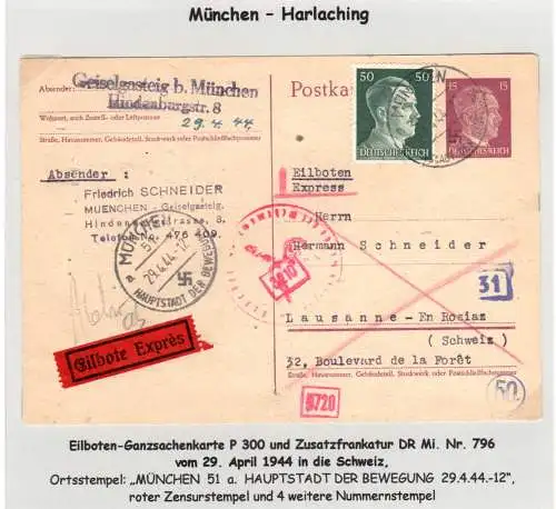 DR 1944, portorichtige Zensur-Express-Karte v. München Harlaching i.d. Schweiz