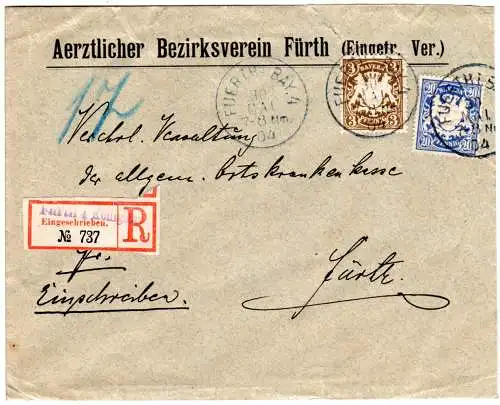 Bayern 1904, 3+20 Pf. auf Orts Reko Brief m. eingestempeltem R-Zettel v. Fürth