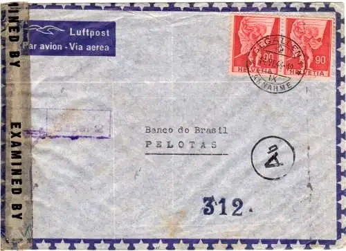 Schweiz 1944, 2x90 C. auf Luftpost Brief v. St. Gallen "via Basel 2" n Brasilien